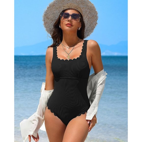Women's Black Scalloped Ribbed One Piece Retro Square Neck Modest Swimsuits - Picture 8 of 9